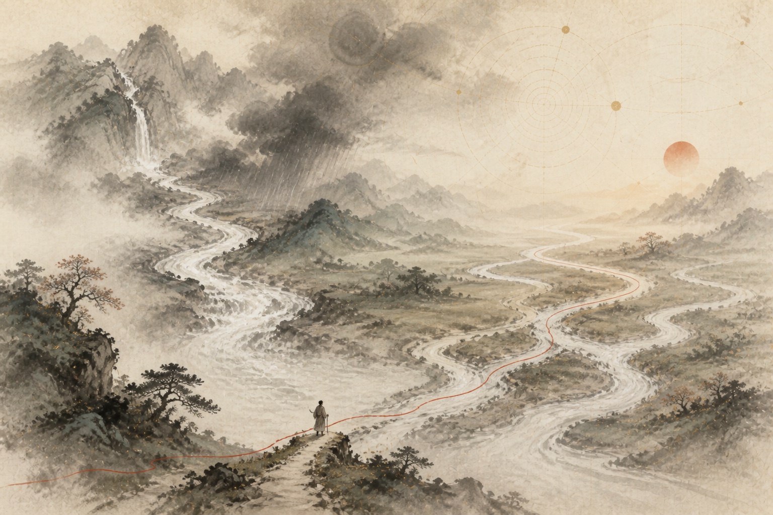河流从群山而来，在天气与地形中分岔，一人沿朱砂线选择其中一条道路