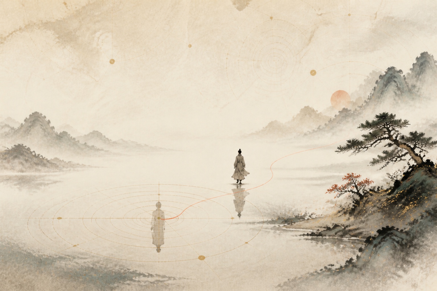 一人看见水中命盘般的倒影，同时从圆形轨迹中平静地向外走去
